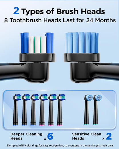 Rotating Electric Toothbrush with 8 Brush Heads for Adults and Kids, 3 Intensities 5 Modes, Wireless Wall Charging Station, Sonic Toothbrush with 2-Minute Smart Timer (Black)
