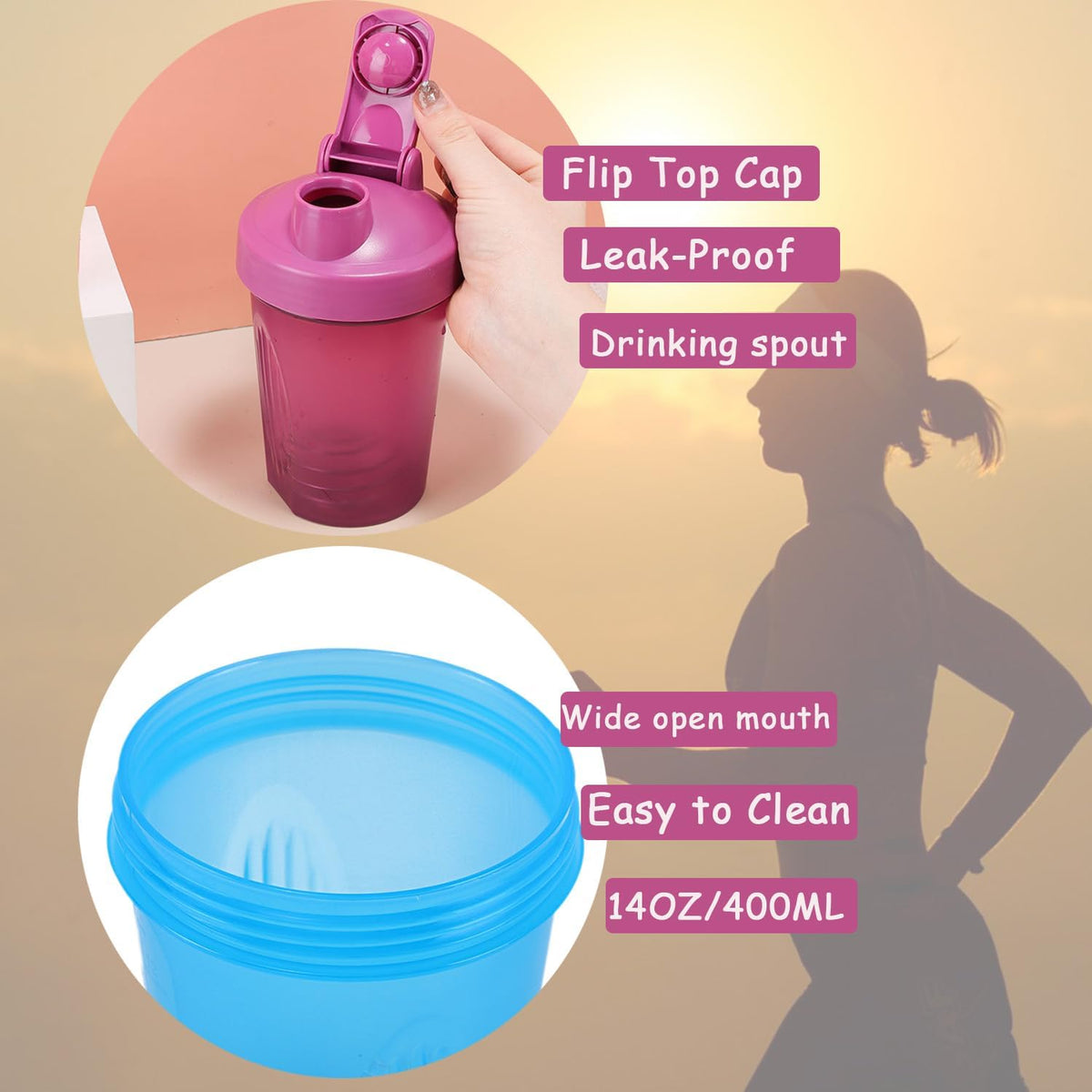 Protein Shaker Bottle 400Ml with Blender Ball, BPA Free, Purple