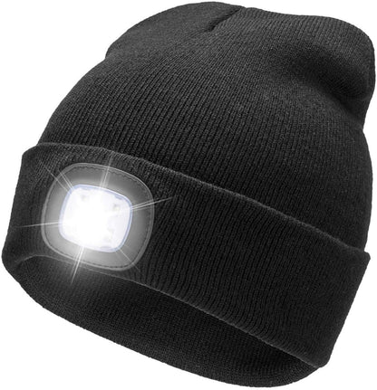 LED Lighted Beanie Cap, USB Rechargeable 4 LED Headlamp, Unisex Knitted Hat with Light for Night Activities, Cycling, Camping, Hunting, Grilling, Running