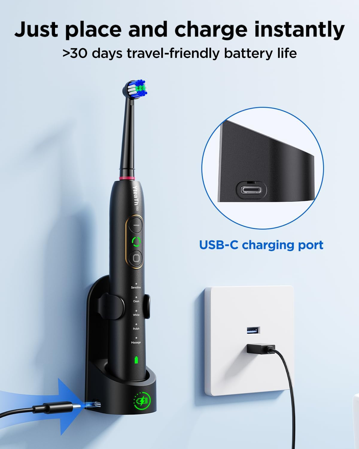 Rotating Electric Toothbrush with 8 Brush Heads for Adults and Kids, 3 Intensities 5 Modes, Wireless Wall Charging Station, Sonic Toothbrush with 2-Minute Smart Timer (Black)