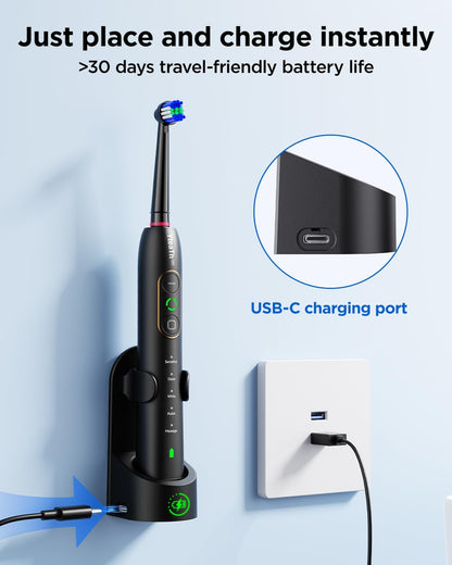 Rotating Electric Toothbrush with 8 Brush Heads for Adults and Kids, 3 Intensities 5 Modes, Wireless Wall Charging Station, Sonic Toothbrush with 2-Minute Smart Timer (Black)