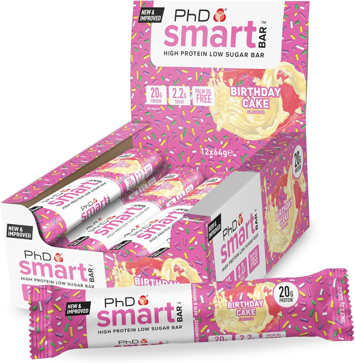 Nutrition Smart Protein Bar Low Calorie, Nutritional Protein Bars/Protein Snacks, High Protein Low Sugar, Birthday Cake Flavour, 20G of Protein, 64G Bar (12 Pack)