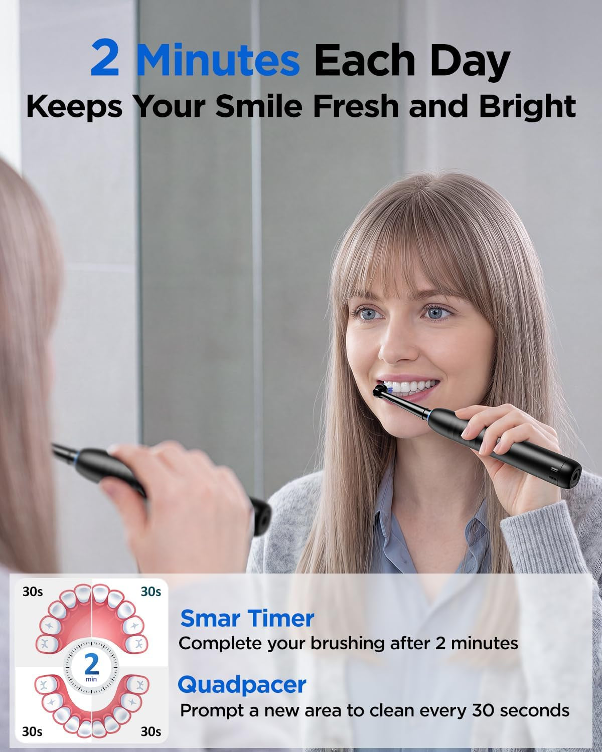 Rotating Electric Toothbrush with 8 Brush Heads for Adults and Kids, 3 Intensities 5 Modes, Wireless Wall Charging Station, Sonic Toothbrush with 2-Minute Smart Timer (Black)