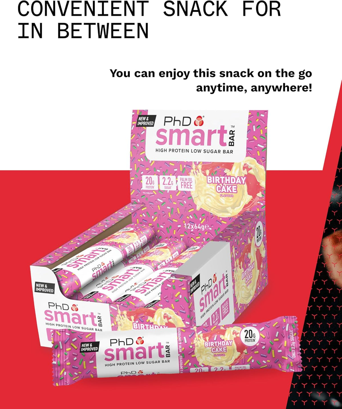 Nutrition Smart Protein Bar Low Calorie, Nutritional Protein Bars/Protein Snacks, High Protein Low Sugar, Birthday Cake Flavour, 20G of Protein, 64G Bar (12 Pack)