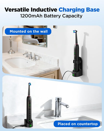 Rotating Electric Toothbrush with 8 Brush Heads for Adults and Kids, 3 Intensities 5 Modes, Wireless Wall Charging Station, Sonic Toothbrush with 2-Minute Smart Timer (Black)