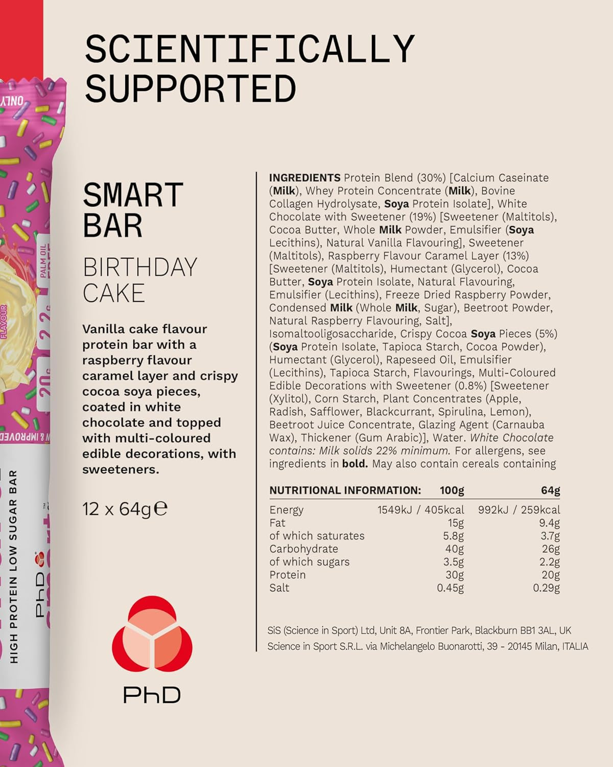 Nutrition Smart Protein Bar Low Calorie, Nutritional Protein Bars/Protein Snacks, High Protein Low Sugar, Birthday Cake Flavour, 20G of Protein, 64G Bar (12 Pack)